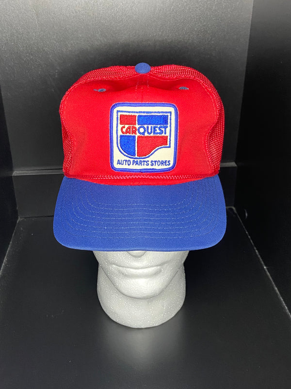 Vintage 80s CarQuest Auto Parts Hat Red Blue Trucker Mesh Snapback Rope USA