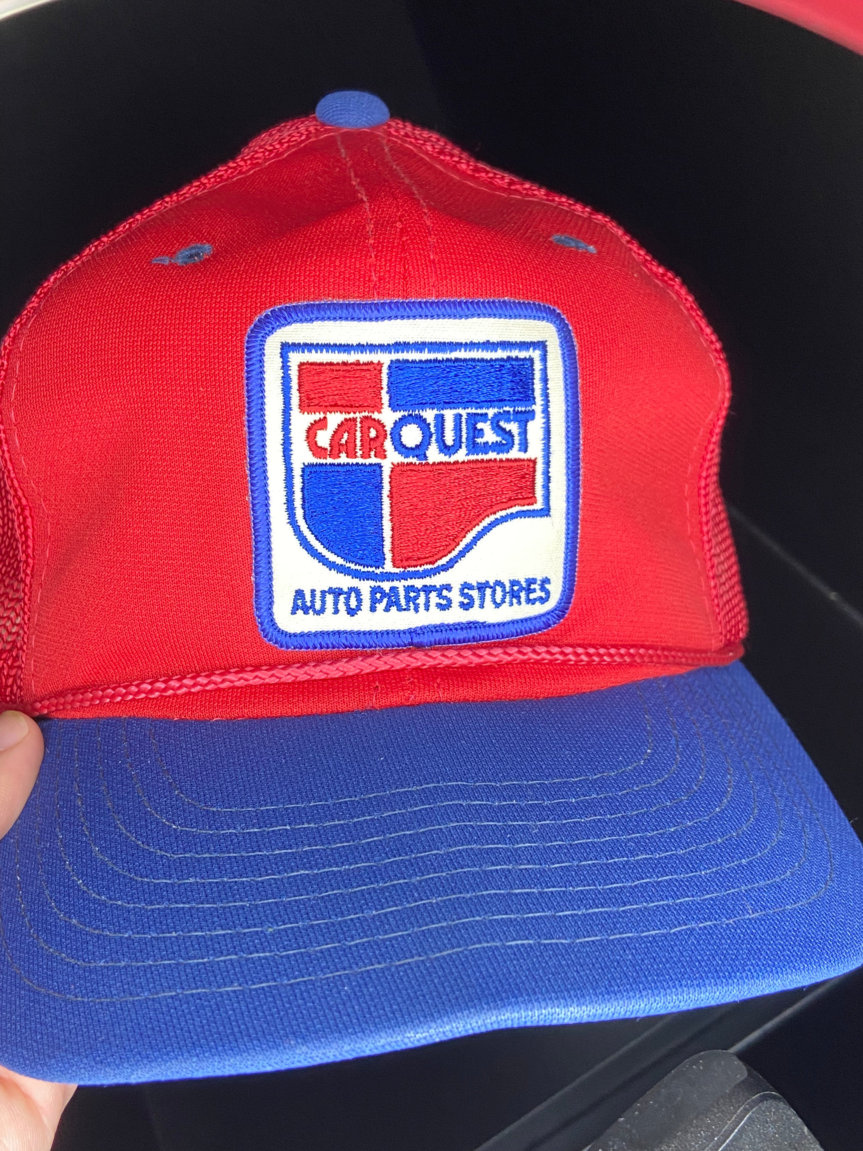 Vintage 80s CarQuest Auto Parts Hat Red Blue Trucker Mesh Snapback Rope USA