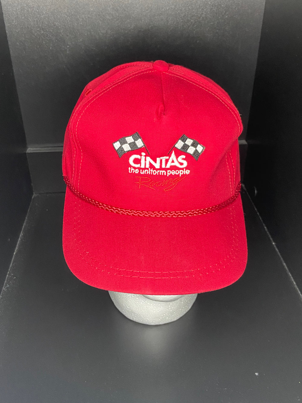 Vintage Cintas Racing Hat Red Rope Snapback Checkered Flag Leather Strap USA