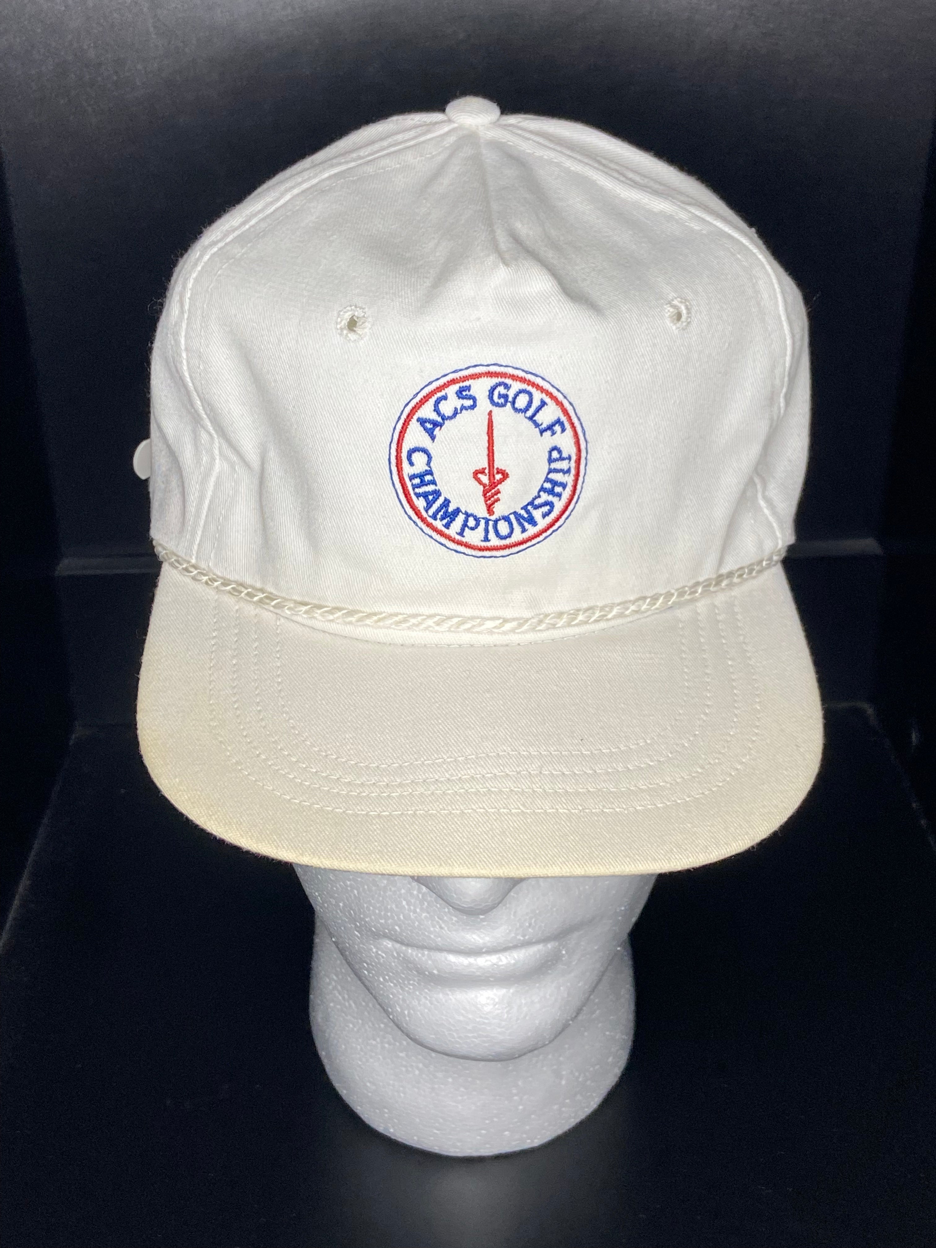 Vintage ACS Golf Championship Hat White Rope Cap USA Embroidered w/ Gold Buckle