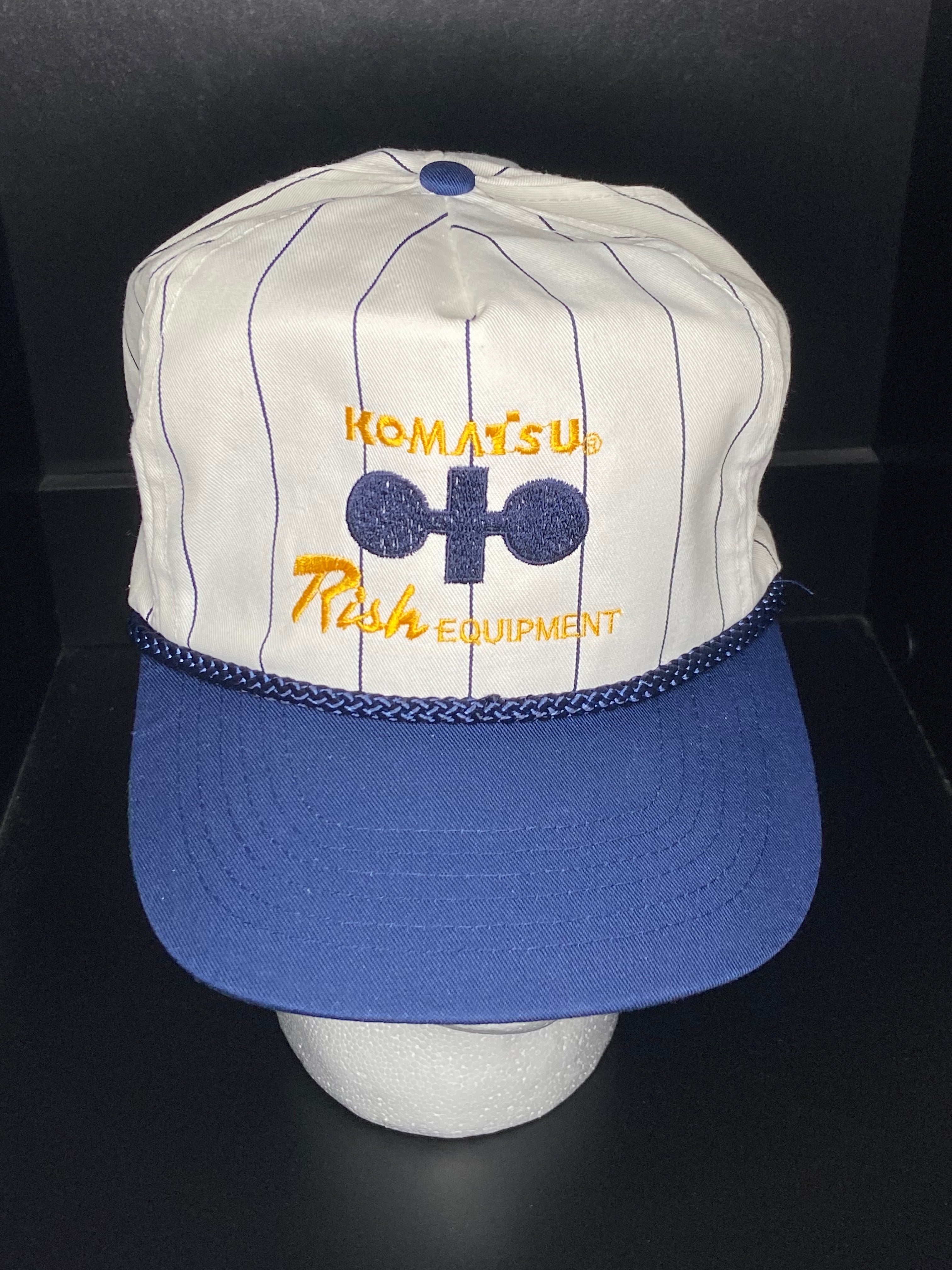 Vintage Komatsu Trucker Hat Embroidered Pinstripe Blue White Rope Snapback