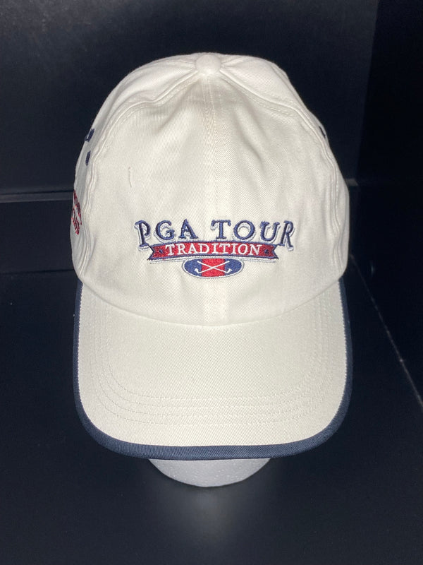 Share Vintage 90s PGA Tour Tradition Golf Hat White Velcrow Back Embroidered Cap