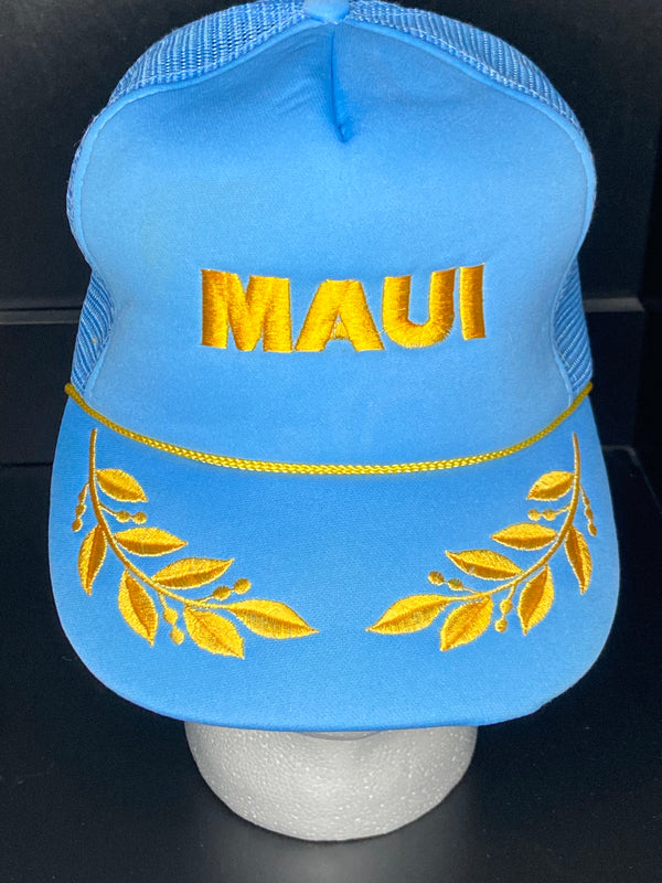 Vintage Maui Gold Leaf Trucker Hat Light Blue Rope Snapback Mesh Embroidered