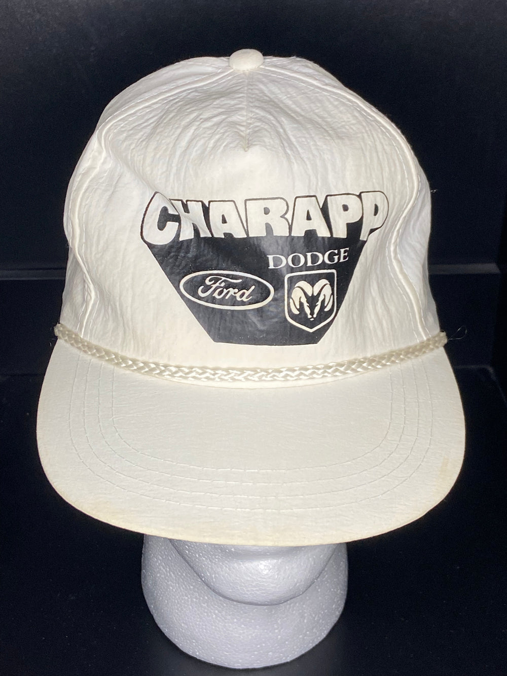 Vintage Charapp Dodge Ford Ram Promo Snapback Hat White Nylon Rope Design