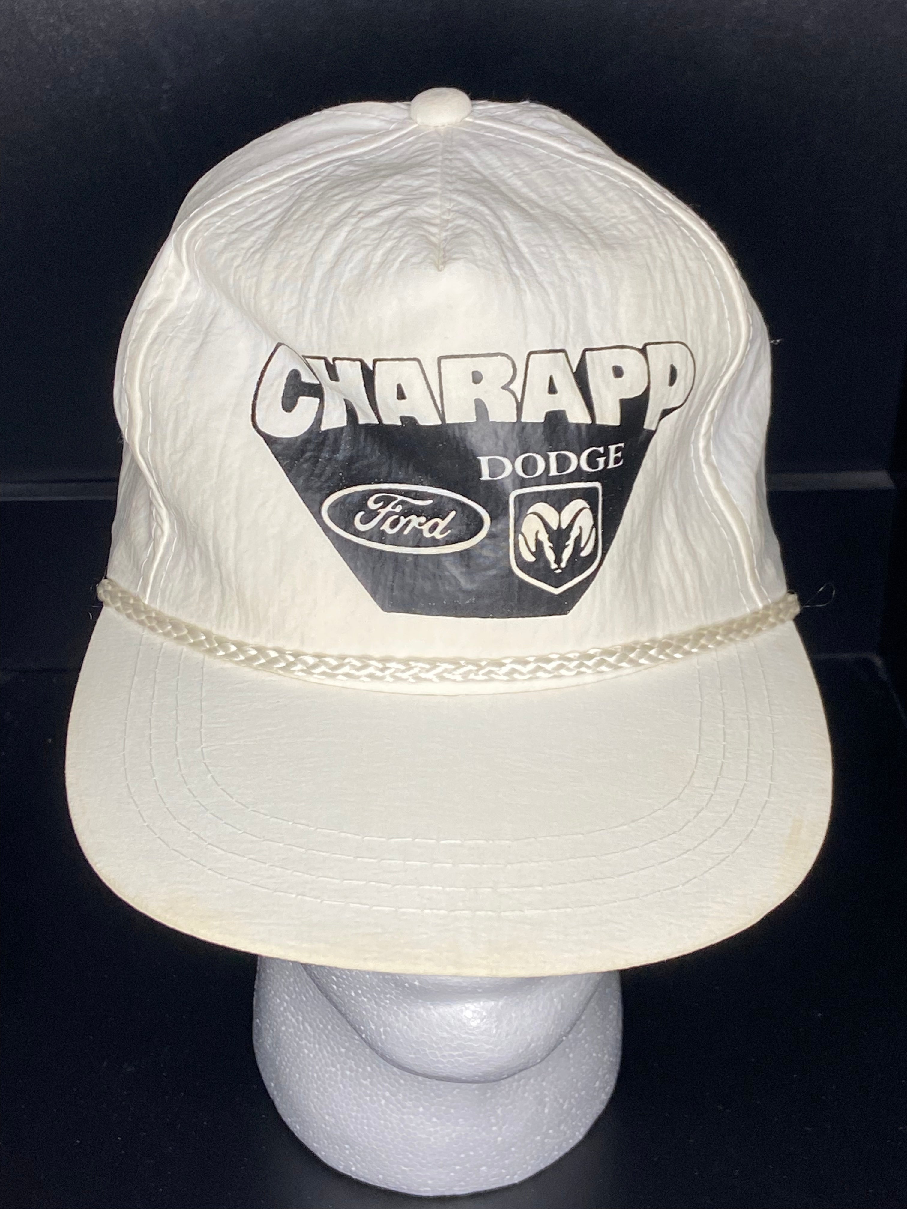 Vintage Charapp Dodge Ford Ram Promo Snapback Hat White Nylon Rope Design